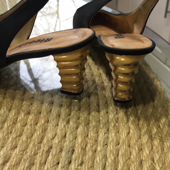 Ricochet black silk sling backs shaped gold heels - Picture 4 of 6